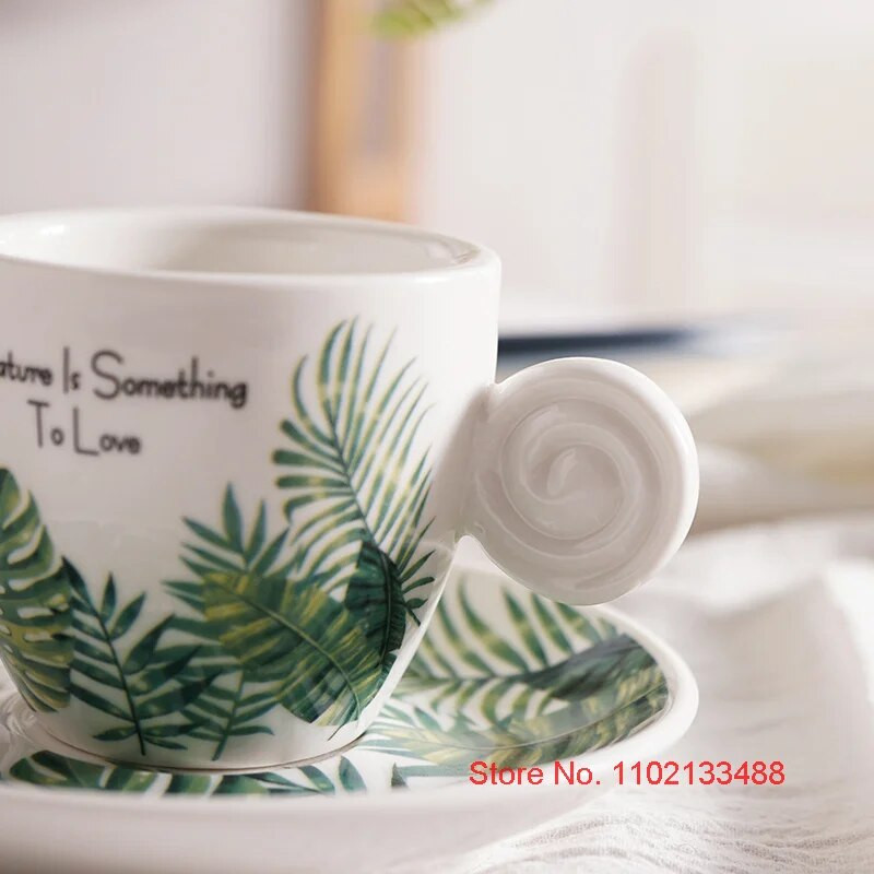 90 ml Керамика Комплект чаша за кафе и чинийка Nordic Fresh Cafe Drinkware Plant Monstera Office Mug Milk ESPRESSO SHOT Чаша за момиче