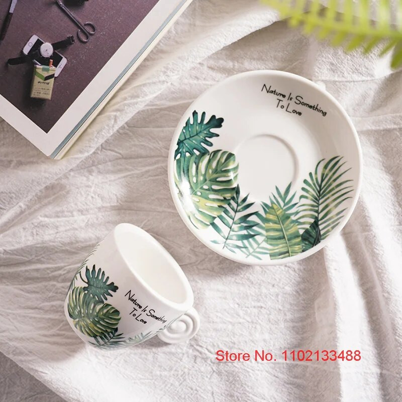 90 ml Керамика Комплект чаша за кафе и чинийка Nordic Fresh Cafe Drinkware Plant Monstera Office Mug Milk ESPRESSO SHOT Чаша за момиче