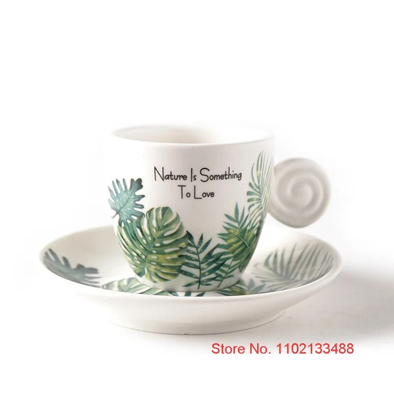 90 ml Керамика Комплект чаша за кафе и чинийка Nordic Fresh Cafe Drinkware Plant Monstera Office Mug Milk ESPRESSO SHOT Чаша за момиче