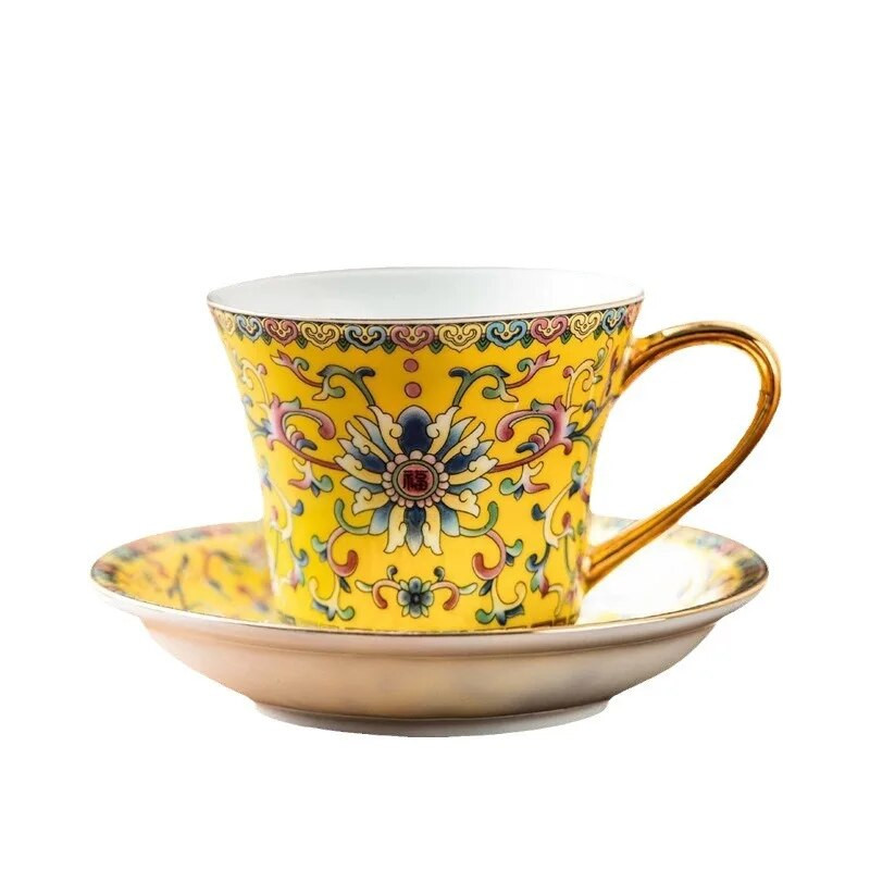 Ķīniešu stila emaljas krāsas kafijas krūzes trauku komplekts Retro Court Style Gold Stroke keramikas tējas tase Augstas kvalitātes kafejnīcas dzērienu krūze, dāvana