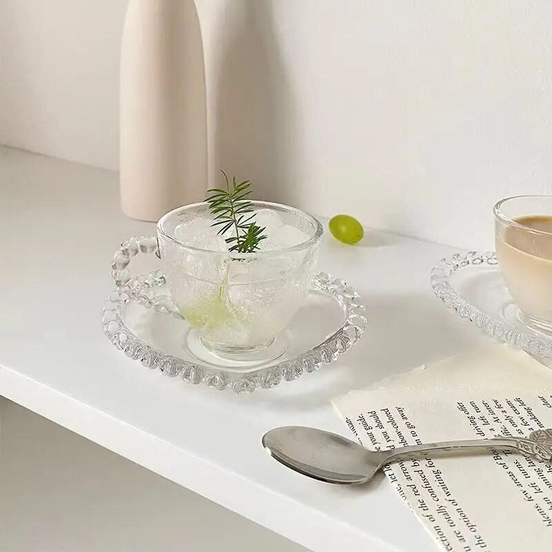 Mini espresso šalica, stakleni tanjurić, ljubav, staklena djevojka, srce, jednostavno cvijeće, šalica za čaj, romantično europsko posuđe za piće, luksuzno posuđe od staklenih šalica