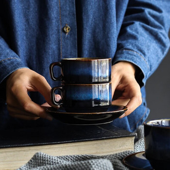 KINGLANG Κεραμικό Creative Σετ Πιατάκι για Φλιτζάνι Καφέ Πρωινό Φλιτζάνι Τσάι Γάλα Σειρά βαθύ μπλε