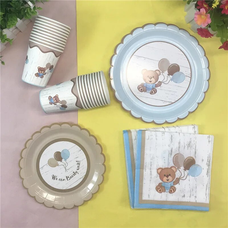 10kom uzoraka Slatki mali medo Papirnati tanjuri Šalice Salvete Jednokratno posuđe za djecu Sretan rođendan Pribor za tuširanje djeteta