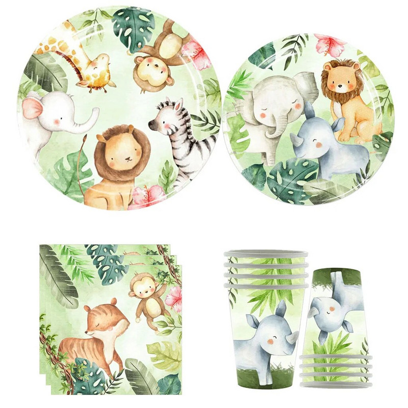 Animaciniai filmai Miško gyvūnai Vienkartiniai stalo reikmenys Džiunglių Safari Dramblys Žirafa Beždžionė Liūtas Lėkštė Laukiniai Kūdikiai Vaikai Su gimtadieniu Dekoracija