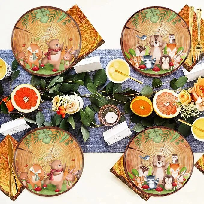 10 invitați Veselă de unică folosință Animale din boabe de lemn Jungle Safari Urs Vulpe Inele de creștere a lemnului Farfurii de hârtie Copii La mulți ani
