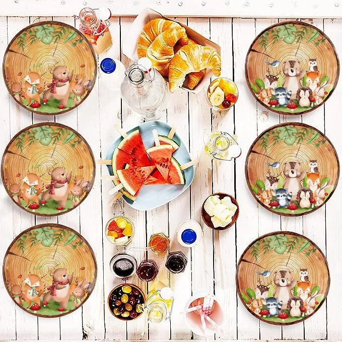 10 invitați Veselă de unică folosință Animale din boabe de lemn Jungle Safari Urs Vulpe Inele de creștere a lemnului Farfurii de hârtie Copii La mulți ani