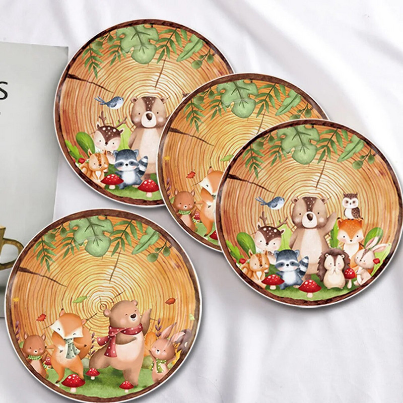 10 invitați Veselă de unică folosință Animale din boabe de lemn Jungle Safari Urs Vulpe Inele de creștere a lemnului Farfurii de hârtie Copii La mulți ani
