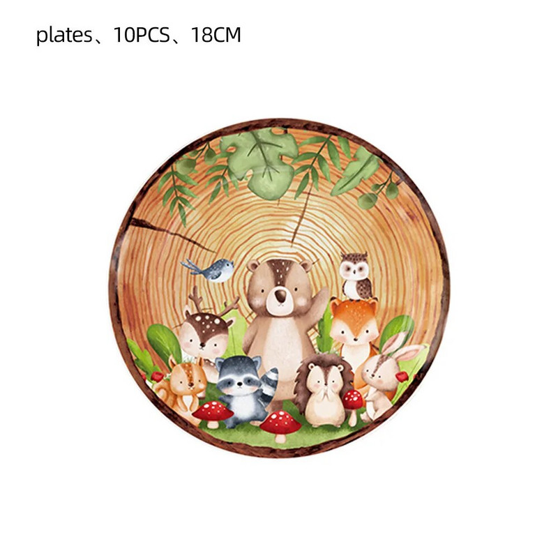 10 invitați Veselă de unică folosință Animale din boabe de lemn Jungle Safari Urs Vulpe Inele de creștere a lemnului Farfurii de hârtie Copii La mulți ani