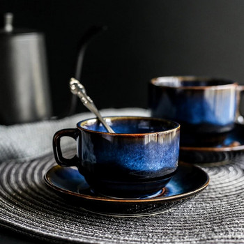 KINGLANG Κεραμικό σετ φλιτζάνι καφέ και πιατάκι δημιουργικό σετ πρωινού φλιτζάνι απογευματινό τσάι Απλά ρετρό μπλε σκεύη γιαπωνέζικου στυλ