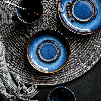 KINGLANG Керамична чаша за кафе и комплект чинийки креативна чаша за закуска следобеден чай Японски стил прости ретро сини прибори