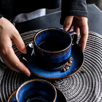 KINGLANG Керамична чаша за кафе и комплект чинийки креативна чаша за закуска следобеден чай Японски стил прости ретро сини прибори