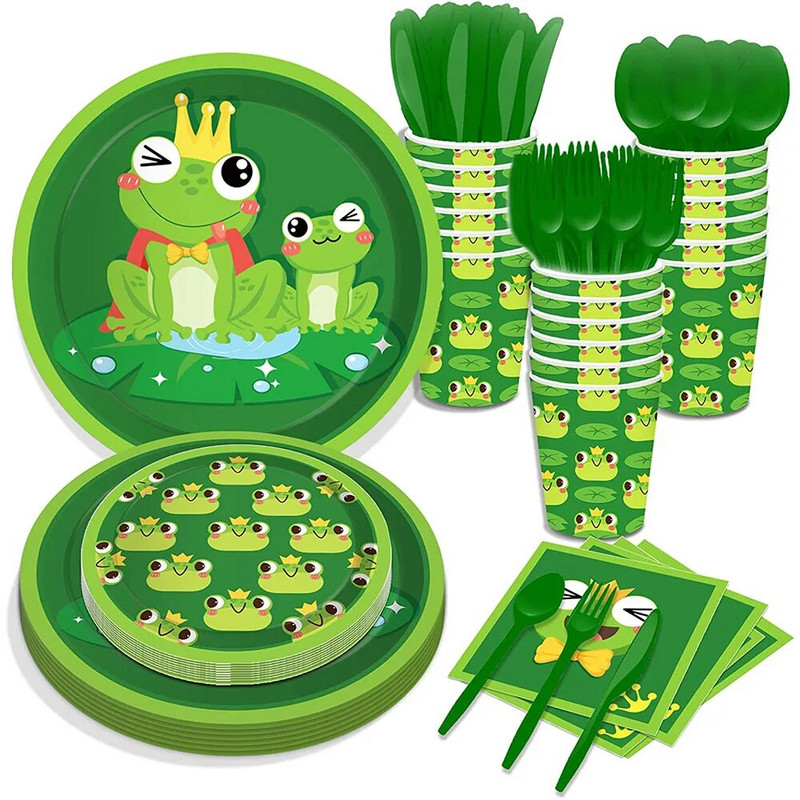 Pribor za rođendansku proslavu u obliku žabe Jednokratno posuđe Tanjuri sa žabom Salvete Šalice Balon od lateks folije Pribor za rođendansku proslavu na temu žabe