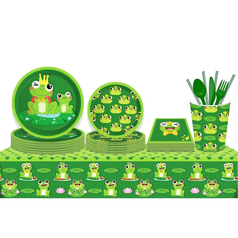 Pribor za rođendansku proslavu u obliku žabe Jednokratno posuđe Tanjuri sa žabom Salvete Šalice Balon od lateks folije Pribor za rođendansku proslavu na temu žabe