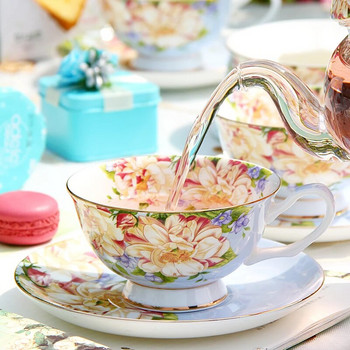 Комплект чаша за кафе и чинийка от костен порцелан в британски стил с лъжица, порцеланова керамична посуда за кафе, чаша за чай с цветя с поднос, мода