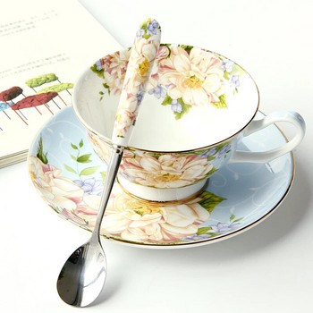 Комплект чаша за кафе и чинийка от костен порцелан в британски стил с лъжица, порцеланова керамична посуда за кафе, чаша за чай с цветя с поднос, мода