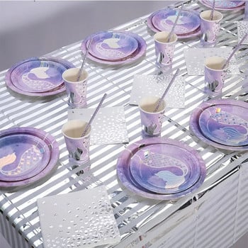 10 гости Русалка Еднократни прибори за хранене Сребърни чинии за опашка на русалка Хартиена чаша Под морето Русалка Тема Момиче Честит рожден ден