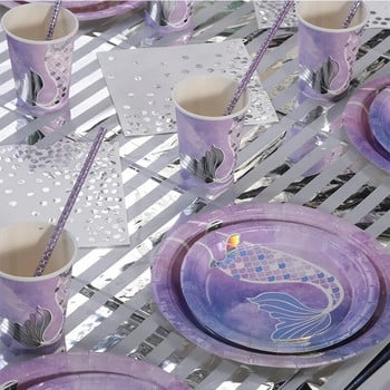 10 гости Русалка Еднократни прибори за хранене Сребърни чинии за опашка на русалка Хартиена чаша Под морето Русалка Тема Момиче Честит рожден ден