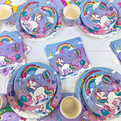Επιτραπέζια σκεύη για πάρτι Rainbow Unicorn Φυτά από χαρτί μιας χρήσης Τραπεζομάντιλο Χαρτοπετσέτες Κορίτσια Μονόκερος Διακοσμήσεις για πάρτι γενεθλίων προμήθειες