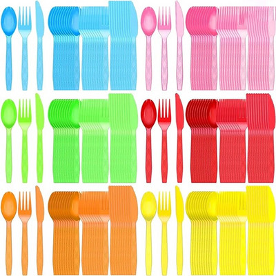 30tk/komplekt Plastikust söögiriistad Lusikad Kahvlid Nuga Sööginõud Korduvkasutatavad plastikust lauanõud Must Valge Punane Lilla Kollane Kuld Roosa Roheline