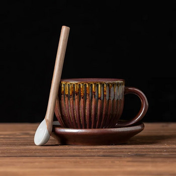 Японски винтидж комплект чаши за кафе и чинии, керамична чаша с глазура, креативна груба керамична чаша за следобеден чай, чаша с цветя лате, 220 ml