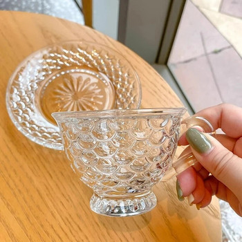 Русалка Чаша за кафе и чинийка Корейски стил Стъклени ретро чаши с релефни рибени люспи Творчески комплекти чаши за следобеден чай Аксесоари за кафе