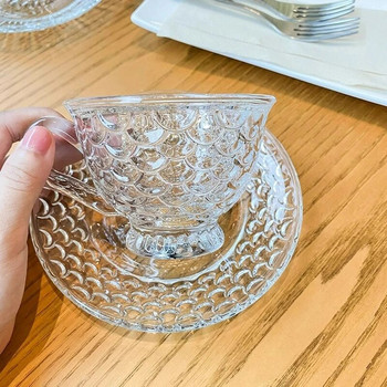 Русалка Чаша за кафе и чинийка Корейски стил Стъклени ретро чаши с релефни рибени люспи Творчески комплекти чаши за следобеден чай Аксесоари за кафе