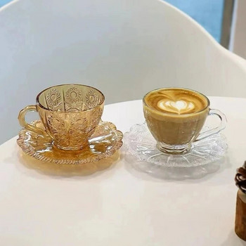 Скандинавска чаша за кафе и тарелка Ретро релефни чаши за кафе Чаши Домашна чаша за вода Чаша за лате Стъклена чаша за чай Комплект аксесоари за кафе