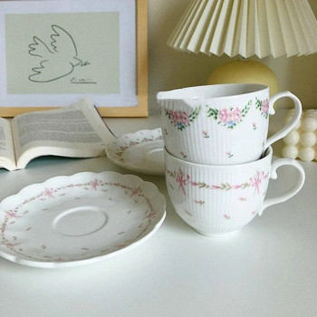 Винтидж керамична чаша за следобеден чай Чаша за кафе и чинийка Ръчно прищипани ретро дантелени розови цветя Време за релакс Мляко Чаши за чай и чинийки