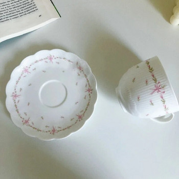 Винтидж керамична чаша за следобеден чай Чаша за кафе и чинийка Ръчно прищипани ретро дантелени розови цветя Време за релакс Мляко Чаши за чай и чинийки