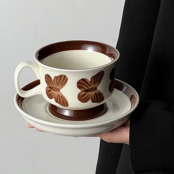 Винтидж скандинавски следобеден чай Комплект чаша за кафе и чинийка Fashion Ins Керамична чаша с пеперуда Френска торта Десертна чиния Подарък за приятели