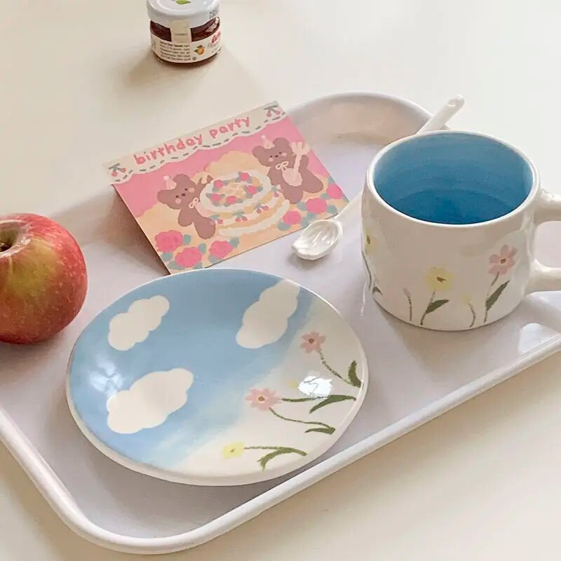 Kézzel festett felhő vizes csésze kávés csésze snack csészealj nagy értékű kerámia csésze- és csészealjkészlettel délutáni tea nagy értékű otthoni használatra