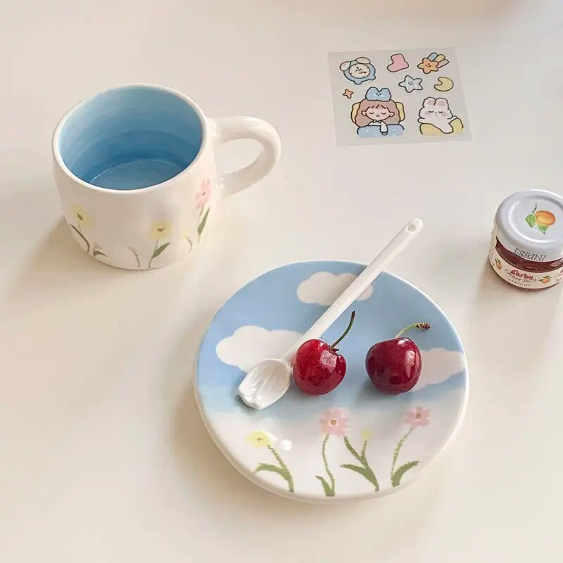 Kézzel festett felhő vizes csésze kávés csésze snack csészealj nagy értékű kerámia csésze- és csészealjkészlettel délutáni tea nagy értékű otthoni használatra