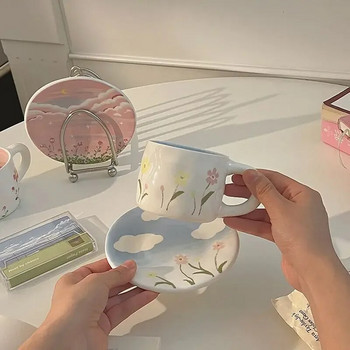 Комплект чинии с керамична чаша Korean Ins Spring Flower Изящна чаша за кафе Dim Sum Plate Чаша за следобеден чай Cake Plate Lovely with Spoon