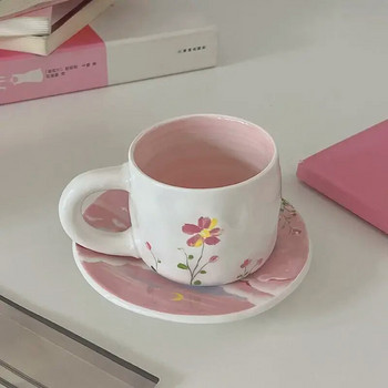 Комплект чинии с керамична чаша Korean Ins Spring Flower Изящна чаша за кафе Dim Sum Plate Чаша за следобеден чай Cake Plate Lovely with Spoon