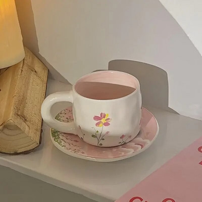 Korėjos Ins keraminių puodelių lėkščių rinkinys pavasario gėlė Išskirtinis kavos puodelis Dim Sum lėkštė Popietės arbatos puodelio pyrago lėkštė Graži su šaukštu