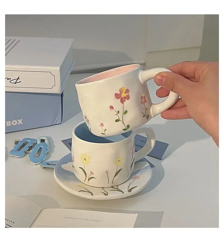 Korėjos Ins keraminių puodelių lėkščių rinkinys pavasario gėlė Išskirtinis kavos puodelis Dim Sum lėkštė Popietės arbatos puodelio pyrago lėkštė Graži su šaukštu