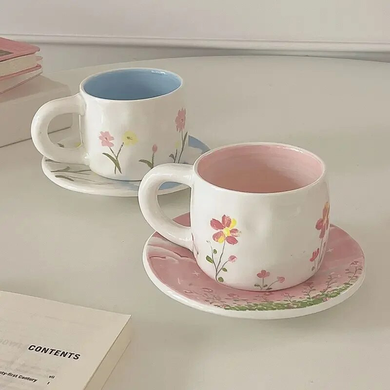 Korėjos Ins keraminių puodelių lėkščių rinkinys pavasario gėlė Išskirtinis kavos puodelis Dim Sum lėkštė Popietės arbatos puodelio pyrago lėkštė Graži su šaukštu