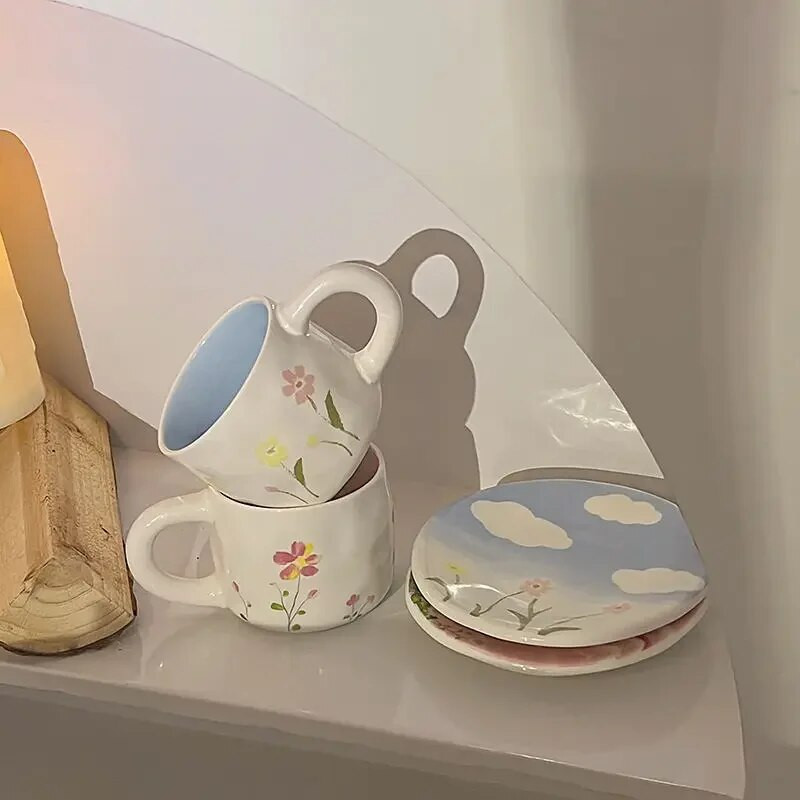 Korėjos Ins keraminių puodelių lėkščių rinkinys pavasario gėlė Išskirtinis kavos puodelis Dim Sum lėkštė Popietės arbatos puodelio pyrago lėkštė Graži su šaukštu