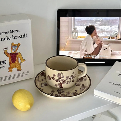 Suomiškas keramikinis puodelio ir lėkštės rinkinys su retro gėlėmis Popietės arbatos kavos puodelis Namų pieno pusryčių puodeliai Tinkamos šventinės dovanos