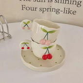 „Fashion Ins“ keramikinis puodelis, kavos puodelis ir lėkštės rinkinys „Kawaii“ 3D vyšnių popietės arbatos biuro gėrimo puodelis pyragas, desertinė lėkštė, dovana