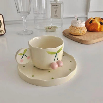 Fashion Ins Керамична чаша Комплект чаша за кафе и чинийка Kawaii 3D Череша Следобеден чай Офис Чаша за пиене Торта Десерт Чиния Подарък