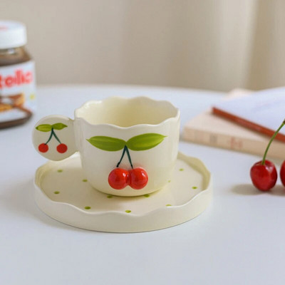 „Fashion Ins“ keramikinis puodelis, kavos puodelis ir lėkštės rinkinys „Kawaii“ 3D vyšnių popietės arbatos biuro gėrimo puodelis pyragas, desertinė lėkštė, dovana