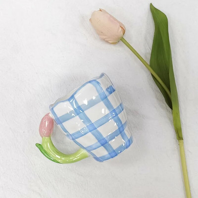 Naujas „Ins Relief“ trimatis tulpių keramikos lėkštės puodelis pyragas Desertas Popietės arbatos lėkštė Rankomis dažytas keraminis puodelis