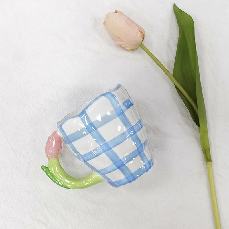 Naujas „Ins Relief“ trimatis tulpių keramikos lėkštės puodelis pyragas Desertas Popietės arbatos lėkštė Rankomis dažytas keraminis puodelis