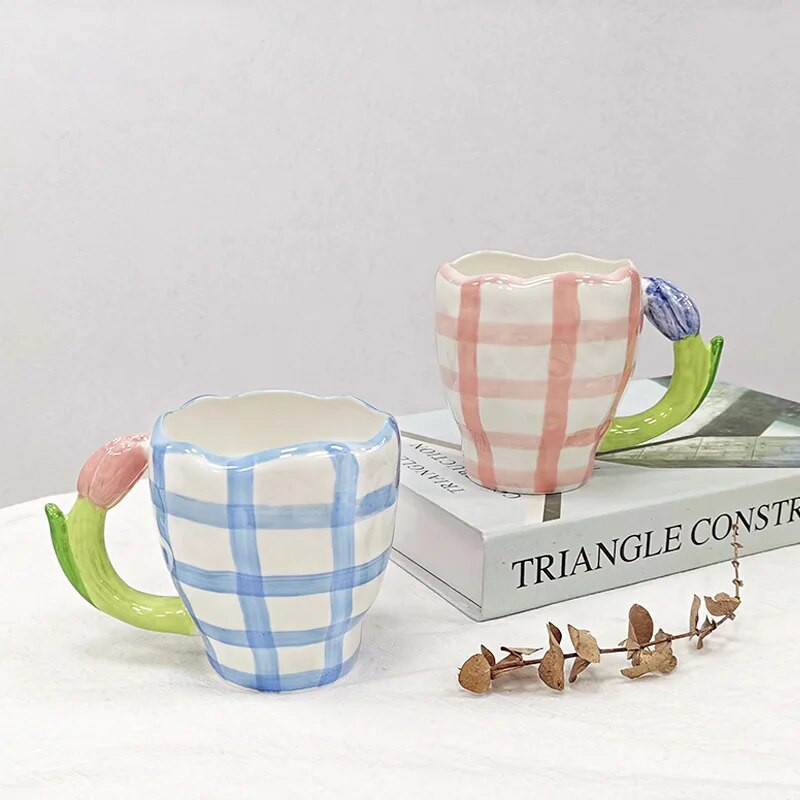 Naujas „Ins Relief“ trimatis tulpių keramikos lėkštės puodelis pyragas Desertas Popietės arbatos lėkštė Rankomis dažytas keraminis puodelis