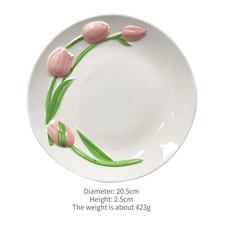 Naujas „Ins Relief“ trimatis tulpių keramikos lėkštės puodelis pyragas Desertas Popietės arbatos lėkštė Rankomis dažytas keraminis puodelis