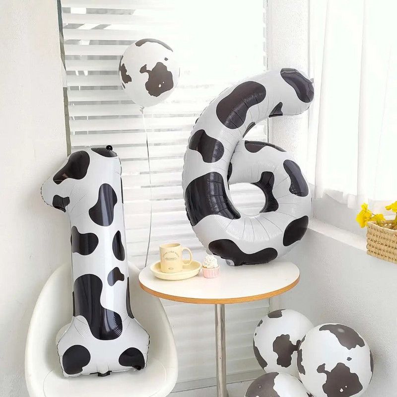 40-инчов балон с крава ферма Голям балон с щампа на крава с номера 0 1 2 3 4 5 6 7 8 9 Фигурки Фолиев балон Детски играчки за украса за рожден ден
