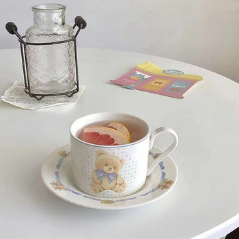 Корейски комплект керамични чаши и чинийки Ins Fashion Kawaii Bear Чаша за следобеден чай Кафе Торта Десертна чиния Сладка чаша за кафе с панделка Мляко