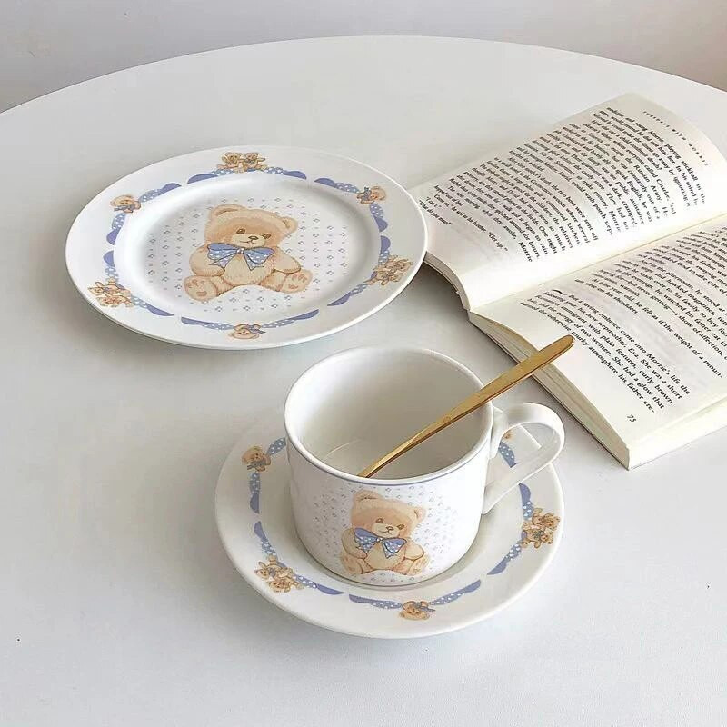 Set de căni și farfurii din ceramică coreeană Ins Fashion Ursul Kawaii Ceașă de ceai de după-amiază Cafe Tort Farfurie Desert Cană de cafea cu lapte drăguț cu fundă