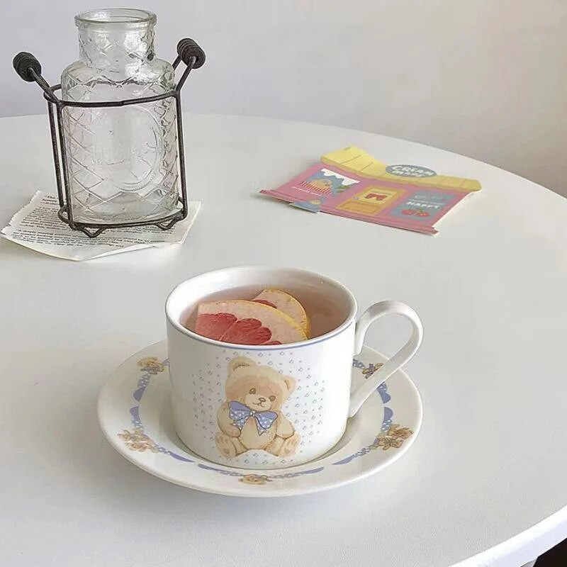 Set de căni și farfurii din ceramică coreeană Ins Fashion Ursul Kawaii Ceașă de ceai de după-amiază Cafe Tort Farfurie Desert Cană de cafea cu lapte drăguț cu fundă